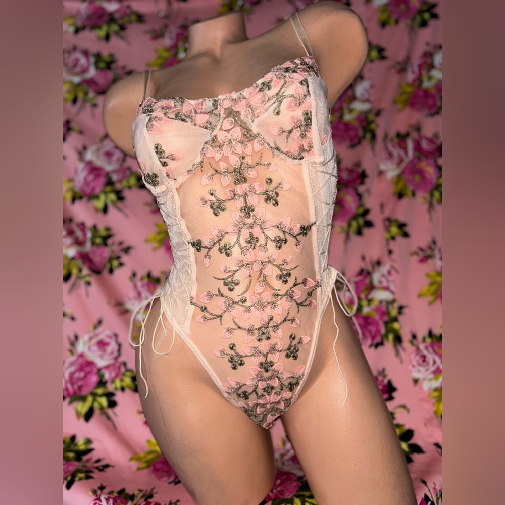 Pink floral corset lace up bodysuit romper teddy bachelorette wedding gift C3 - Picture 4 of 10